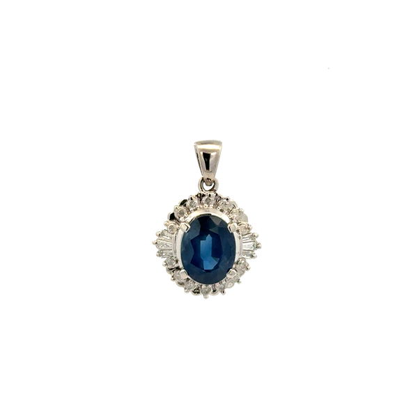 Closeup photo of Platinum 2.44ct Oval Sapphire & .30tcw Baguette & RBC Diamond Pendant 4.0g
