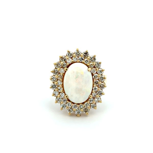 Closeup photo of 14K YG 4ct White Opal & 1.30tcw RBC Diamond Double Halo Ring 9.6g, s9.5