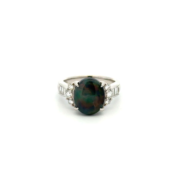 Closeup photo of Platinum 3.12 ct Oval Black Australian Opal & .54tcw RBC & EC Diamonds Ring 7.4g, s5.5