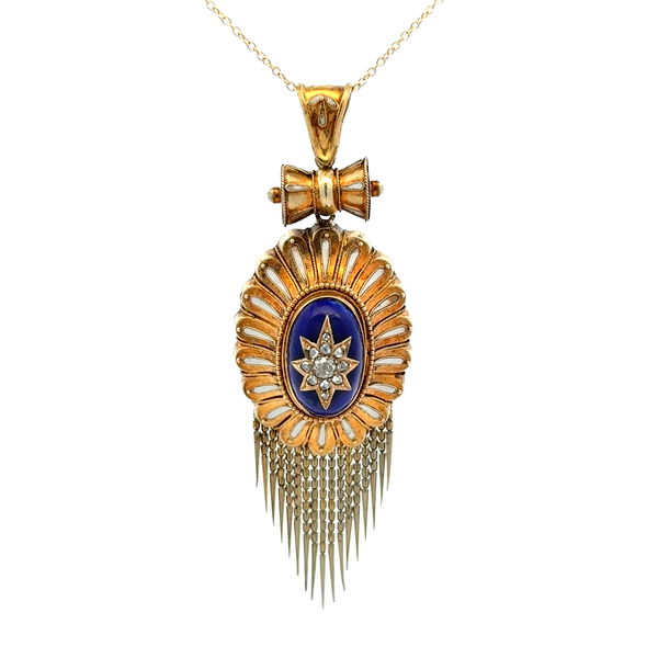 Closeup photo of 14ky Victorian .55tcw OMC & RC Diamonds & Blue & White Enamel 1870 Tassel Pendant 15g, 3"