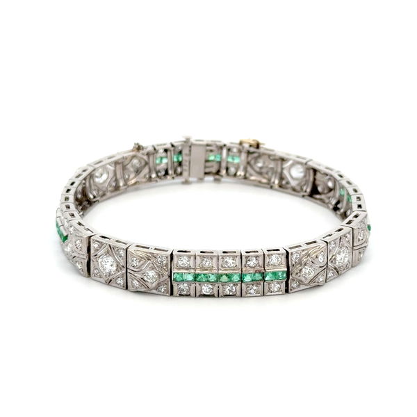 Closeup photo of Platinum Deco 5.50tdw RBC Diamonds & 2.tcw Emerald 1920's Bracelet 32.4g, 7"