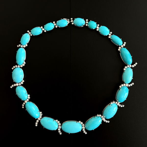 Closeup photo of 18kw 190tcw Turquoise & 8.tcw RBC Diamond Necklace 76.7g, 16.5"