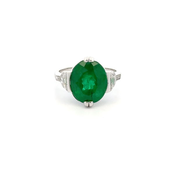 Closeup photo of Platinum 5.05ct Oval Emerald & 1.10tcw Baguette Cut & Half Moon Cut Diamond Ring 6.8g, s7