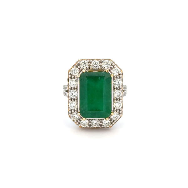 Closeup photo of 14K 2Tone 5.21ct EC Emerald GIA 5231555621 & .93tcw RBC Diamond Ring 11.7g, s8