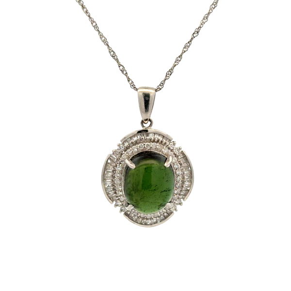 Closeup photo of Platinum 5ct Cabochon Green Tourmaline & .75ct Diamond Pendant Necklace 8.0g, 18"