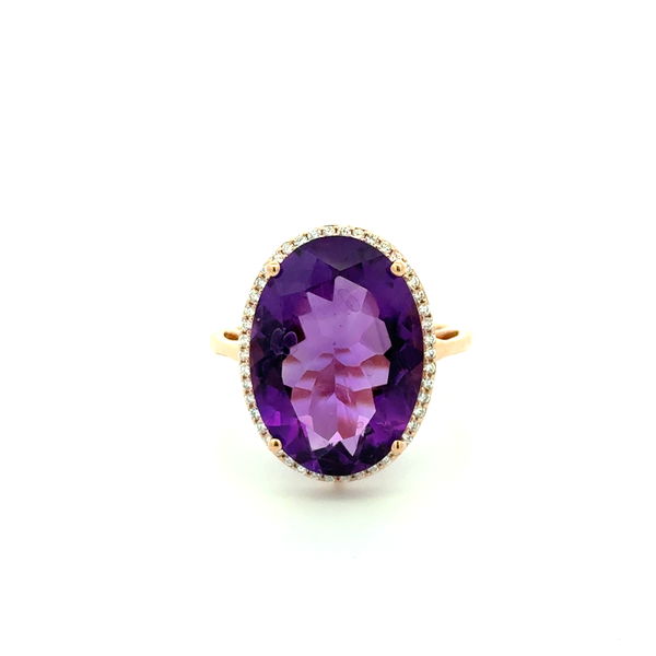 Closeup photo of 14K RG 9ct Oval Amethyst & .25tcw RBC Diamond Halo Ring 5.8g, s7