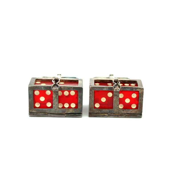 Closeup photo of 925 Sterling Bakelite Dice Cufflinks Barney' New York Box 17.3g