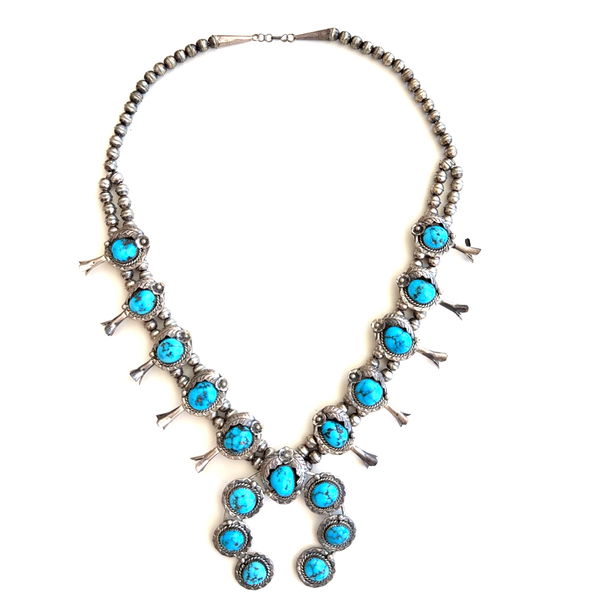 Closeup photo of 925 Sterling Native Deep Blue Turquoise Squash Blossom Necklace 138.7g, 25"