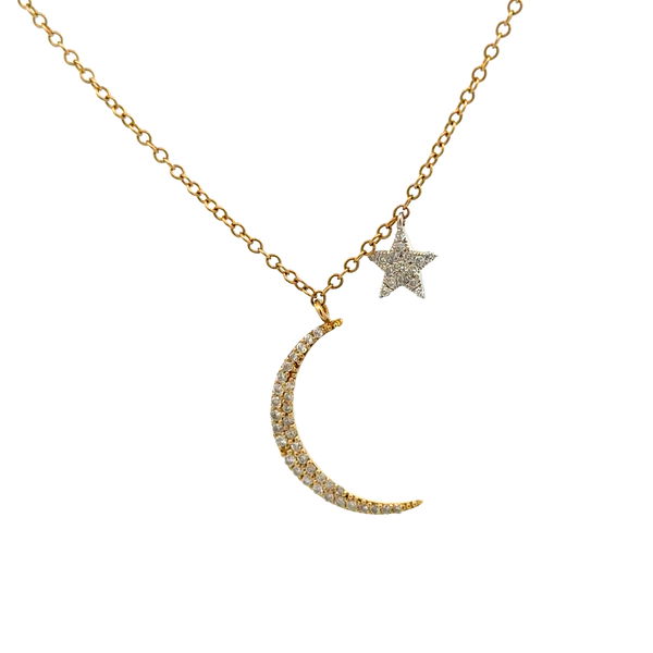 Closeup photo of 14K YG Moon & Star .22tcw RBC Diamond Dangle Necklace 2.4g, 16"