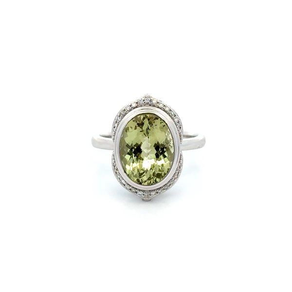 Closeup photo of 14K WG 3.00ct Oval Green Garnet GIA & .20tcw RBC Diamond Ring 6.3g, s