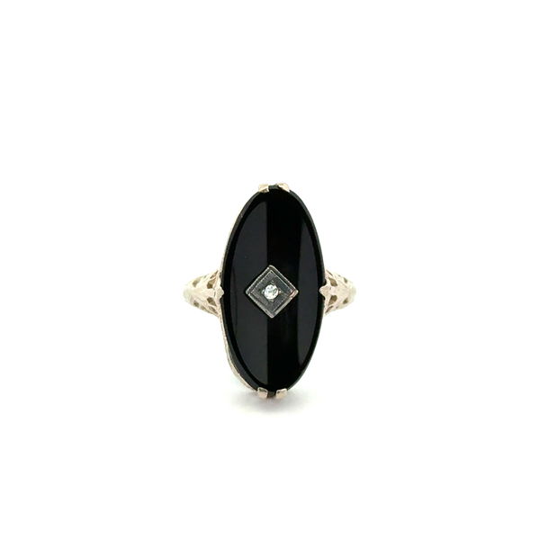 Closeup photo of 14K WG Art Deco Onyx Slab & .02ct Diamond Filigree Ring 2.9g, s6