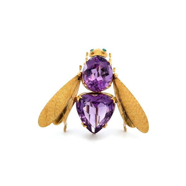 Closeup photo of 18K YG Italian 15tcw Amethyst FLY Brooch Green Eyes 12.2g