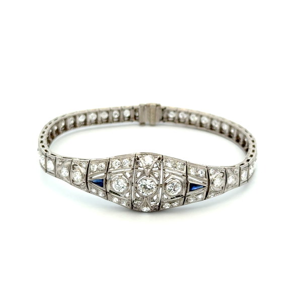Closeup photo of Platinum Art Deco 5.10tcw OEC Diamond & Syn. Sapphire Tapered Filigree Bracelet 18.6g, 7.25”