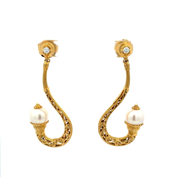 Closeup photo of 18K YG Konstantin 9.7mm Pearl & .28tcw Diamond Hook Drop Earrings 12.6g, 2”