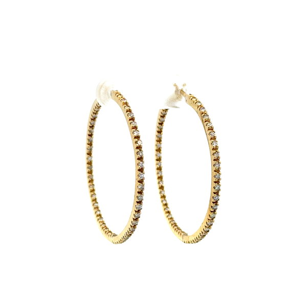 Closeup photo of 18K YG 1.25tcw RBC Diamond Inside Out Hoop Earrings 8.4g, 1.45”