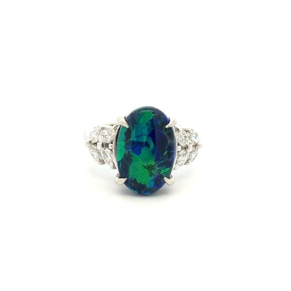 Closeup photo of Platinum 5.12ct Australian Black Opal & .70tcw Mrquis Diamond Ring 10.0g, 6.25