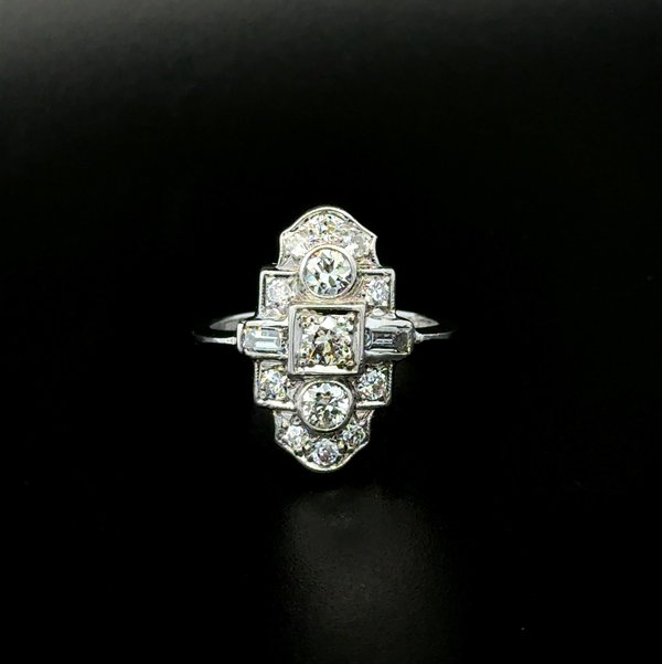 Closeup photo of Platinum Art Deco 1.28tcw Baguette & OEC Diamond Navette Ring 4.0g, s6.75