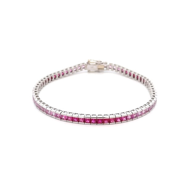 Closeup photo of 14K WG 7.00tcw Ruby to Pink Sapphire Ombre Line Tennis Bracelet 11.9g, 7"