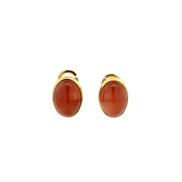 Closeup photo of 18K YG 10tcw Oval Gem Rhodochrosite Earrings French Clips 7.0g