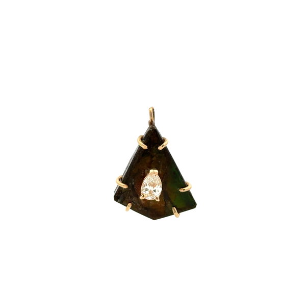 Closeup photo of 14K YG .40ct Pear Diamond on Triangular Ammolite Pendant 2.5g