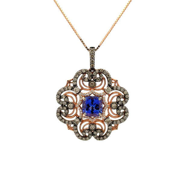 Closeup photo of 14K RG LeVian 2ct Cushion Tanzanite & 2.30tcw Diamond Pendant on Box Chain Necklace 12.1g, 18"