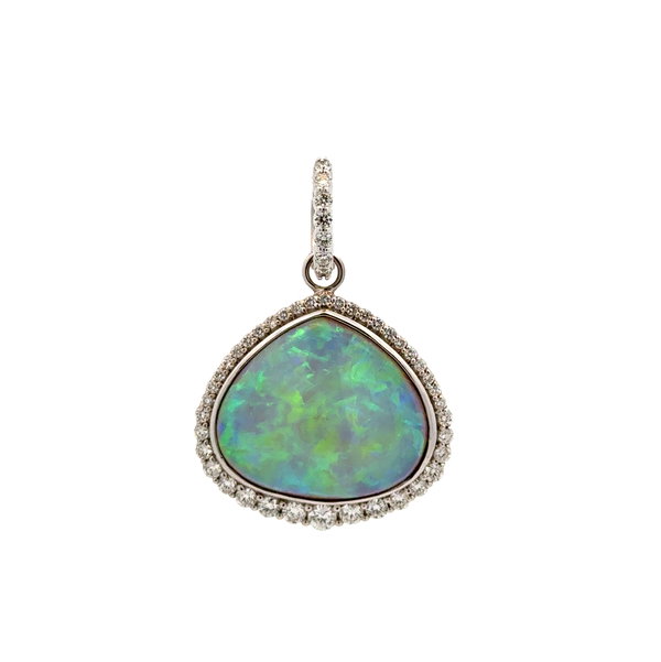 Closeup photo of 18kw Opal 23.24tcw & Diamond Halo 1.05tcw Pendant 12.4g