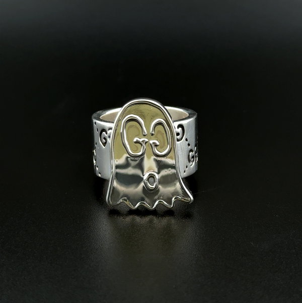 Closeup photo of 925 Sterling GUCCI GucciGhost Ghost on Monogram Band Ring 20.5g, s6.75