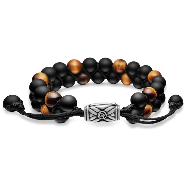 Closeup photo of 925 Sterling David Yurman Spiritual Calming Onyx & Tigers Eye Bead Bracelet