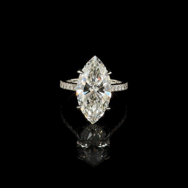 Closeup photo of 14k WG 6.10ct Lab Grown Marquise Diamond IGI#LG694504709 & .61tcw LG RBC Diamond Engagement ring 5.3g s6.5