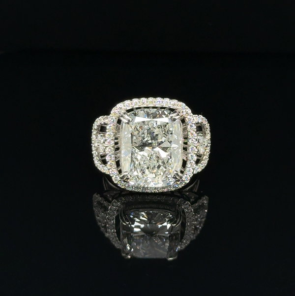 Closeup photo of Platinum 8.51ct Cushion Lab Grown Diamond & .66tcw Diamond Ring 11.8g, s6.25