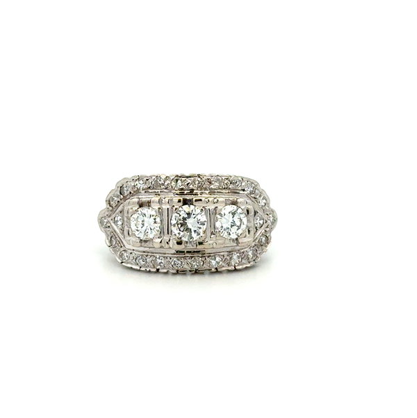 Closeup photo of 14K WG Art Deco Style .65tcw & .48tcw Diamond 3 Stone Ring 3.5g, s6.5