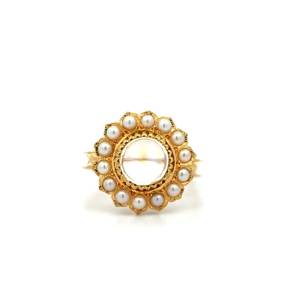 Closeup photo of 18K YG 1ct Round Moonstone & Seed Pearl Flower Ring 7.1g, s7