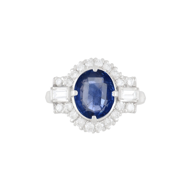 Closeup photo of Platinum 2.72ct No Heat Ceylon Sapphire GIA & .60tcw Baguette & RBC Diamond Ring 5.2g, s5.5
