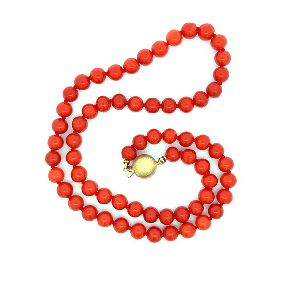 Closeup photo of 14K YG 6.8mm Red Coral Bead Necklace 31.9g, 16"