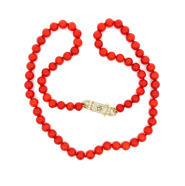 Closeup photo of 14K YG 6.8mm Red Coral Bead & .40tcw Diamond Clasp Necklace 31.9g, 16"