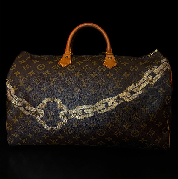 Closeup photo of Louis Vuitton Signature Monogram Leather with Custom Spencer Hibert Art!