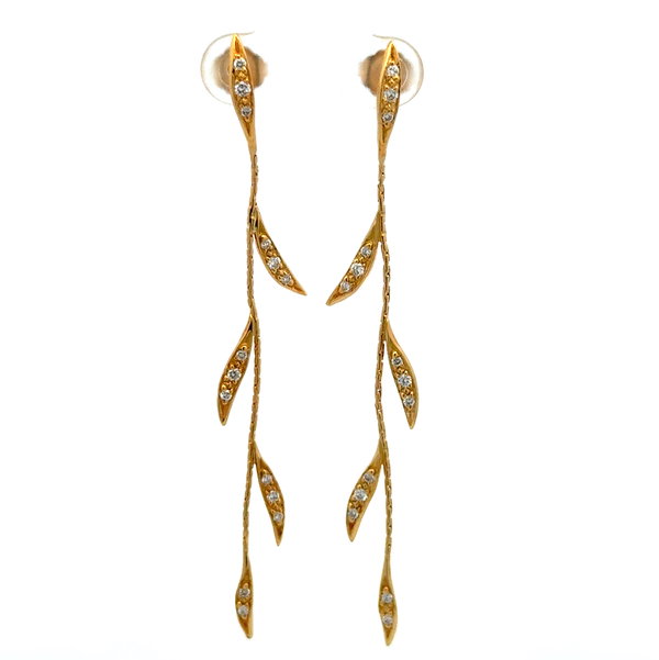 Closeup photo of 18K YG Long Dangle .50tcw Diamond Leaf Design 5.1g, 2.75"