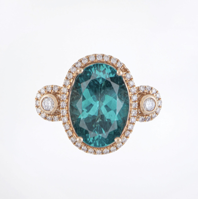 Closeup photo of 14K RG 7.00ct Oval Blue Apatite GIA & .70tcw RBC Diamond Ring 6.3g, s7