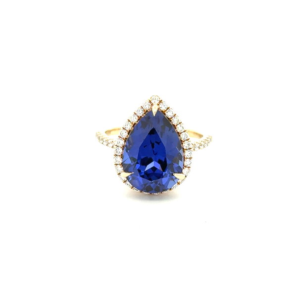 Closeup photo of 14K YG 3ct Lab Pear Tanzanite & .35tcw Lab Diamond Ring 4.4g, s7