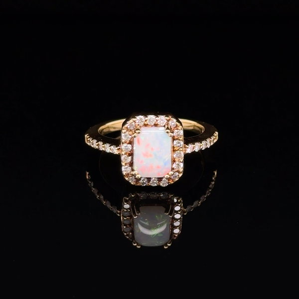 Closeup photo of 14K YG 1ct Rectangular Opal & .24tcw Diamond Halo Ring 5.2g, s7