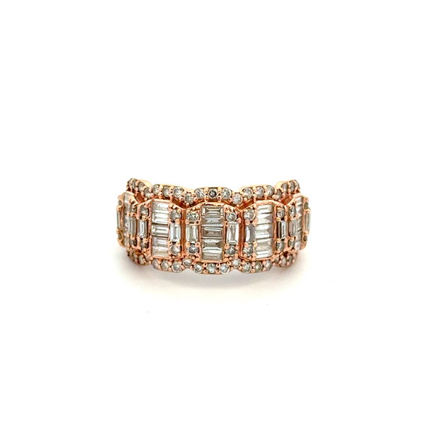 Closeup photo of 14K RG 1.50tcw Baguette & RBC Diamond Mosaic Cluster Band Ring 8.5g, s7.75