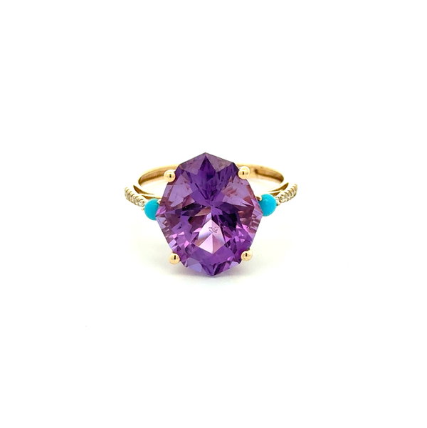 Closeup photo of 14K YG 5ct Fancy Cut Amethyst, Turquoise & Diamond Ring 3.5g, s7.25