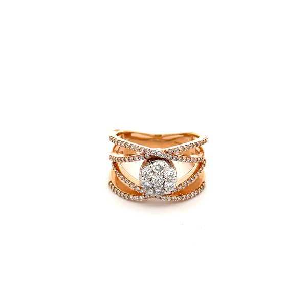 Closeup photo of 14K YG 1.18tcw RBC Diamond Cluster Crossover Band Ring 7.7g, s6.75