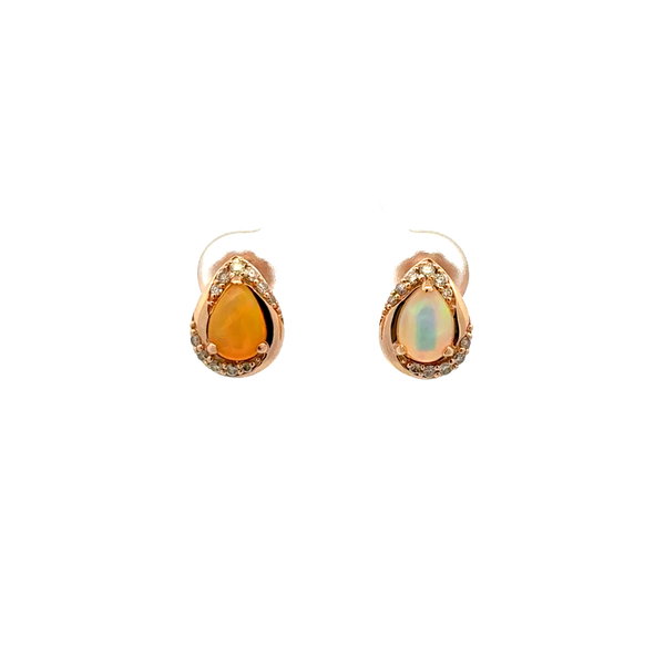 Closeup photo of 14K RG LeVian 1.00tcw Pear Opal & .13tcw Diamond Stud Earrings 3.3g