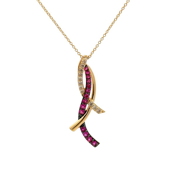 Closeup photo of 14K YG LeVian .5tcw Ruby & .12tcw Diamond Drop Pendant Necklace 4.1g, 16"