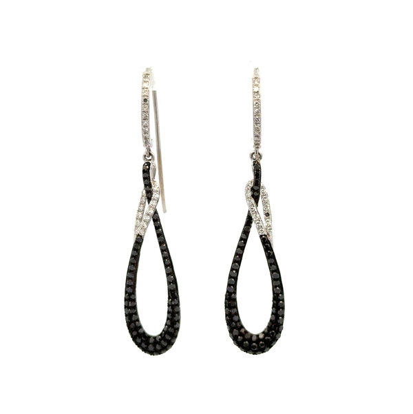 Closeup photo of 14K WG .90tcw Black & White Diamond Pave Drop Loop Earrings 4.2g, 1.85"