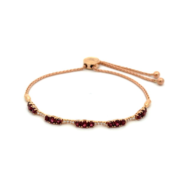 Closeup photo of 14K RG LeVian .85ct Garnet & .08tcw Diamond Bolo Bracelet 7.4g, sizeable