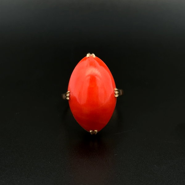 Closeup photo of 18K YG 1960's 8ct Marquis Red Coral Solitaire Filigree Navette Ring 6.3g, s9.5