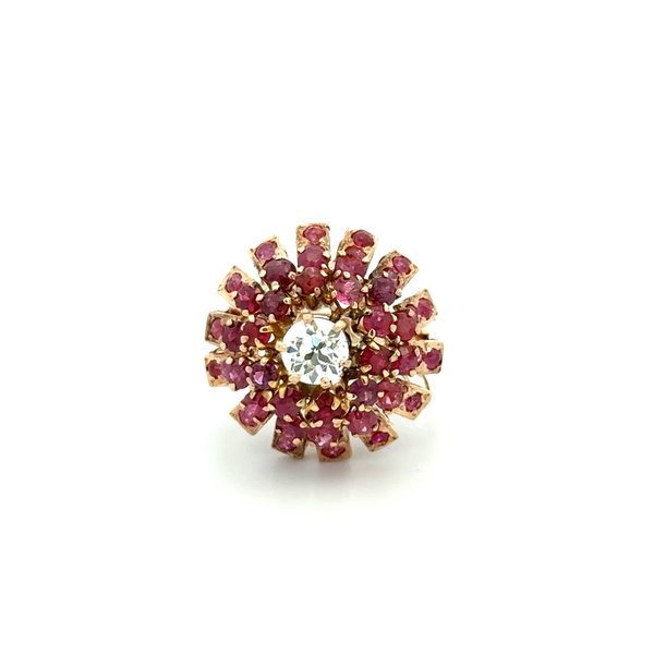 Closeup photo of 14K YG 1960's .55ct OEC Diamond & 1.50tcw Ruby Bombay Ring 7.5g, s6.75