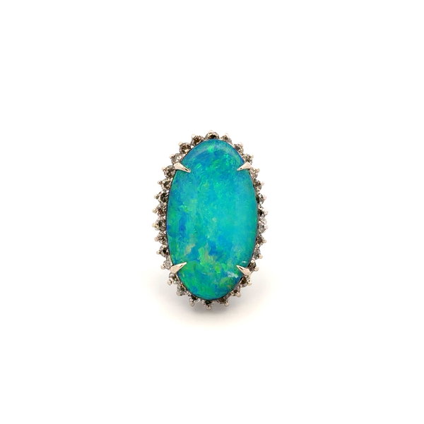 Closeup photo of 14K WG 7ct Black Opal Doublet & 1.05tcw RBC Diamond Navette Ring 9.0g, s5.5